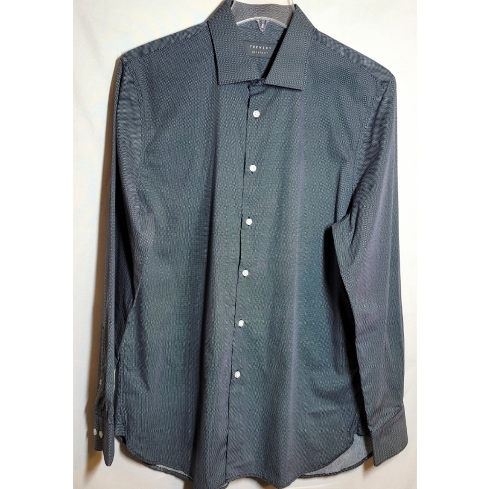 Trenery Men's Dress Shirt Size 44 French Navy Modern Fit Button Up Long Sleeve